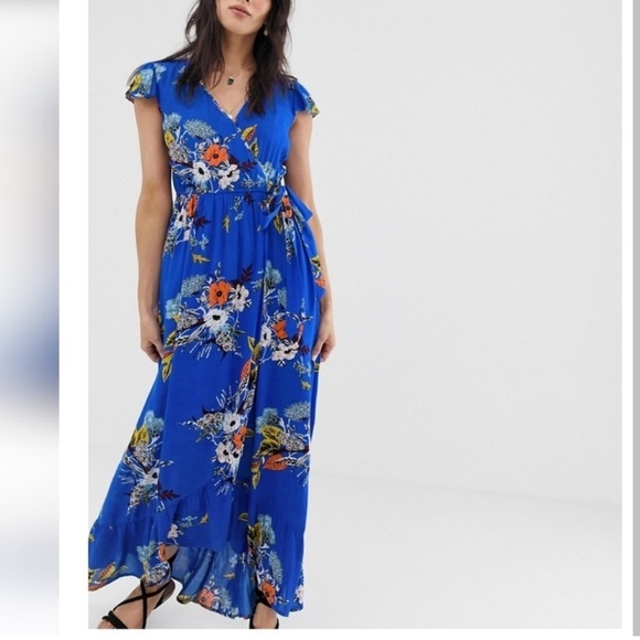 Band of Gypsies Blue Floral Wrap Maxi Dress Medium - Picture 1 of 10